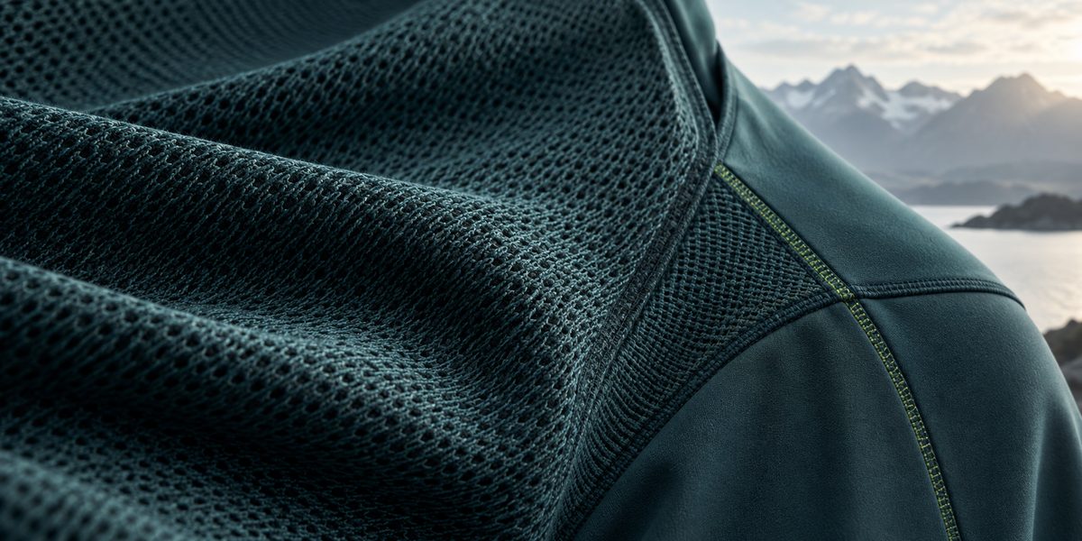 Close view of breathable technical knit and garment construction