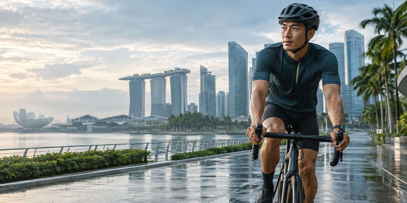 Cyclist wearing technical performance apparel in Singapore