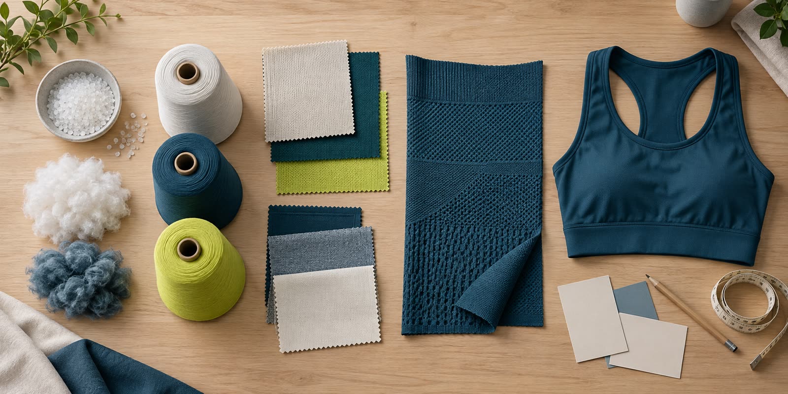 Materials, yarns, fabric swatches and sportswear arranged as a development pathway
