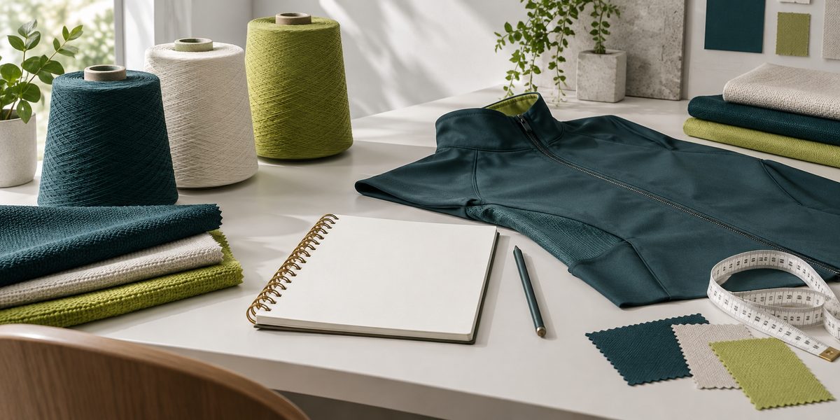 Yarns, fabrics and an unbranded garment arranged for a project brief