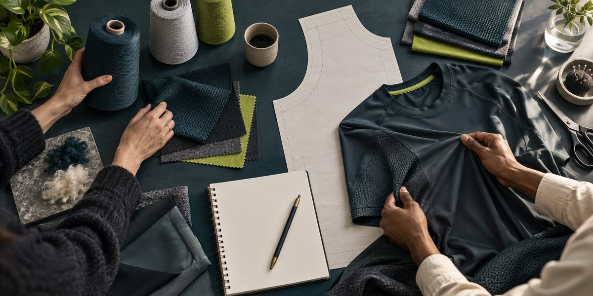 Textile professionals comparing yarn, fabric and a performance garment prototype